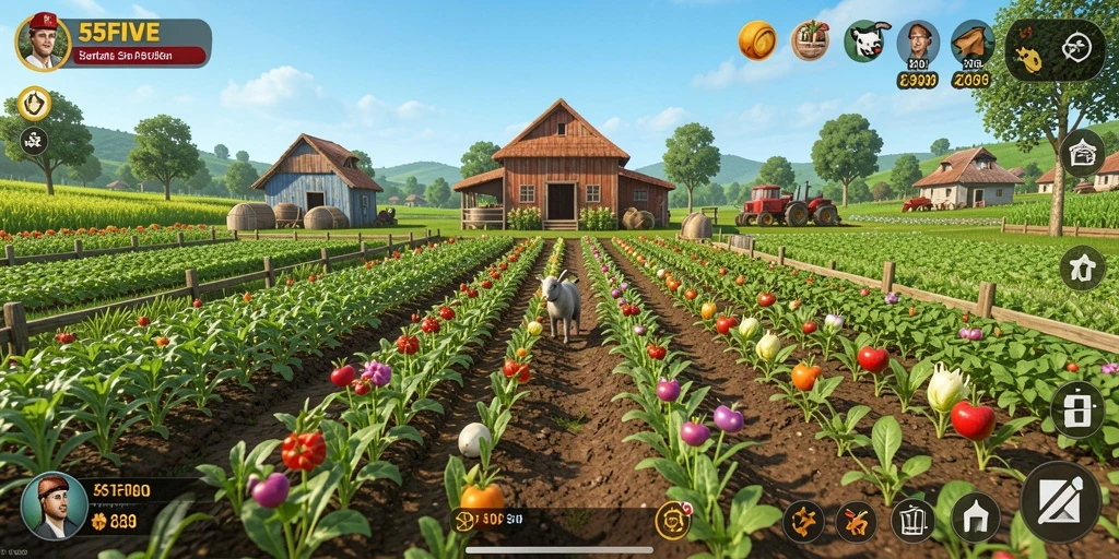 Tangkapan layar dari gameplay <strong>55FIVE</strong> yang menampilkan lahan pertanian yang subur.