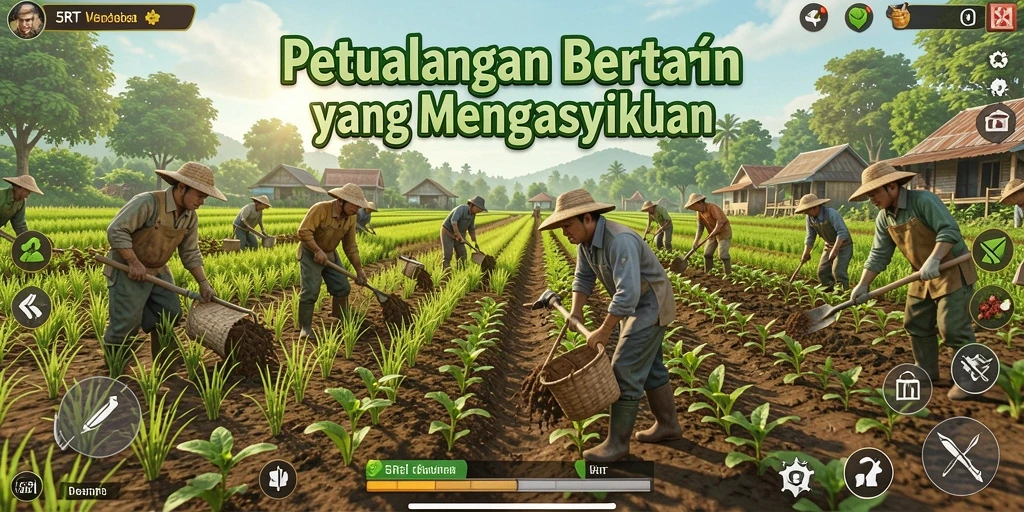 Gameplay 5RT menampilkan lahan pertanian yang subur dengan berbagai tanaman.
