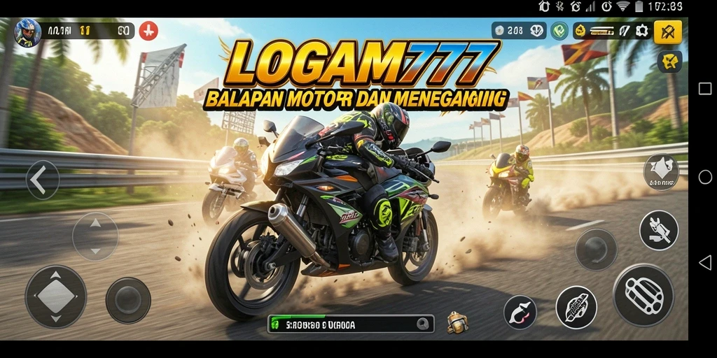 Screenshot gameplay LOGAM777 menampilkan aksi balapan motor yang seru dan penuh adrenalin.